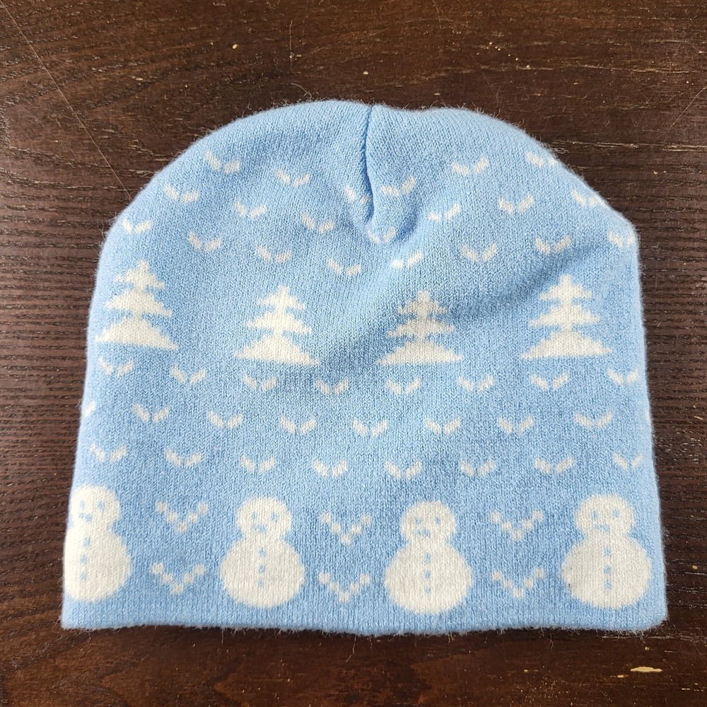 Girls Beanie Hat Light Blue Snowman One Size